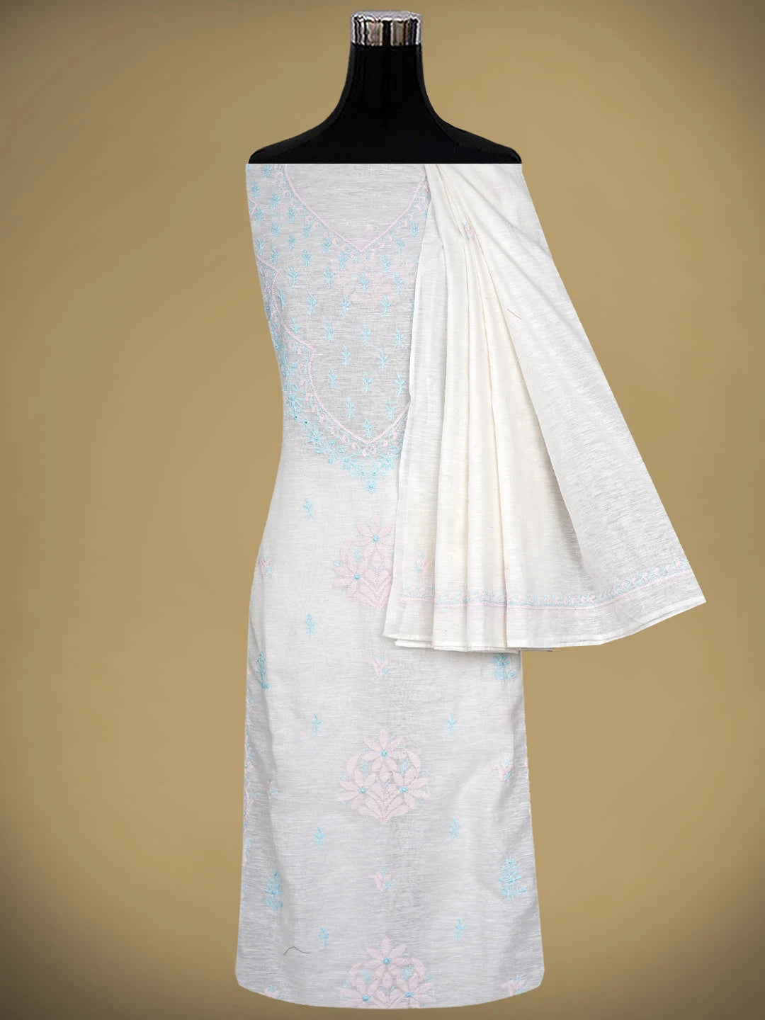 Ada Hand Embroidered White SeaShell  Khadi Chanderi Lucknowi Chikankari Semi-stitched Kurta Dupatta Set 01A896612