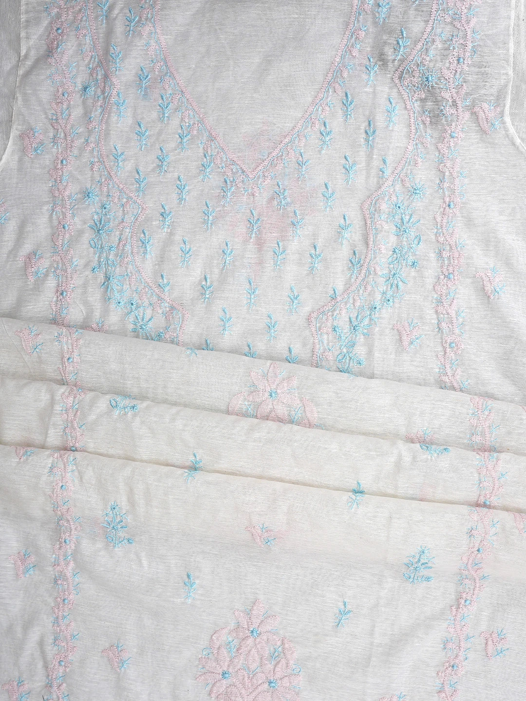 Ada Hand Embroidered White SeaShell  Khadi Chanderi Lucknowi Chikankari Semi-stitched Kurta Dupatta Set 01A896612