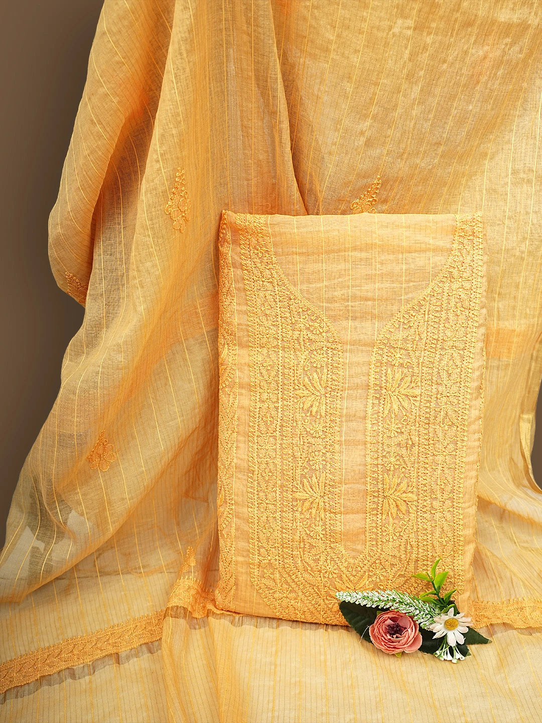 Ada Hand Embroidered Light Orange Chanderi Lucknowi Chikankari Unstitched Kurta Dupatta Set 01A922026