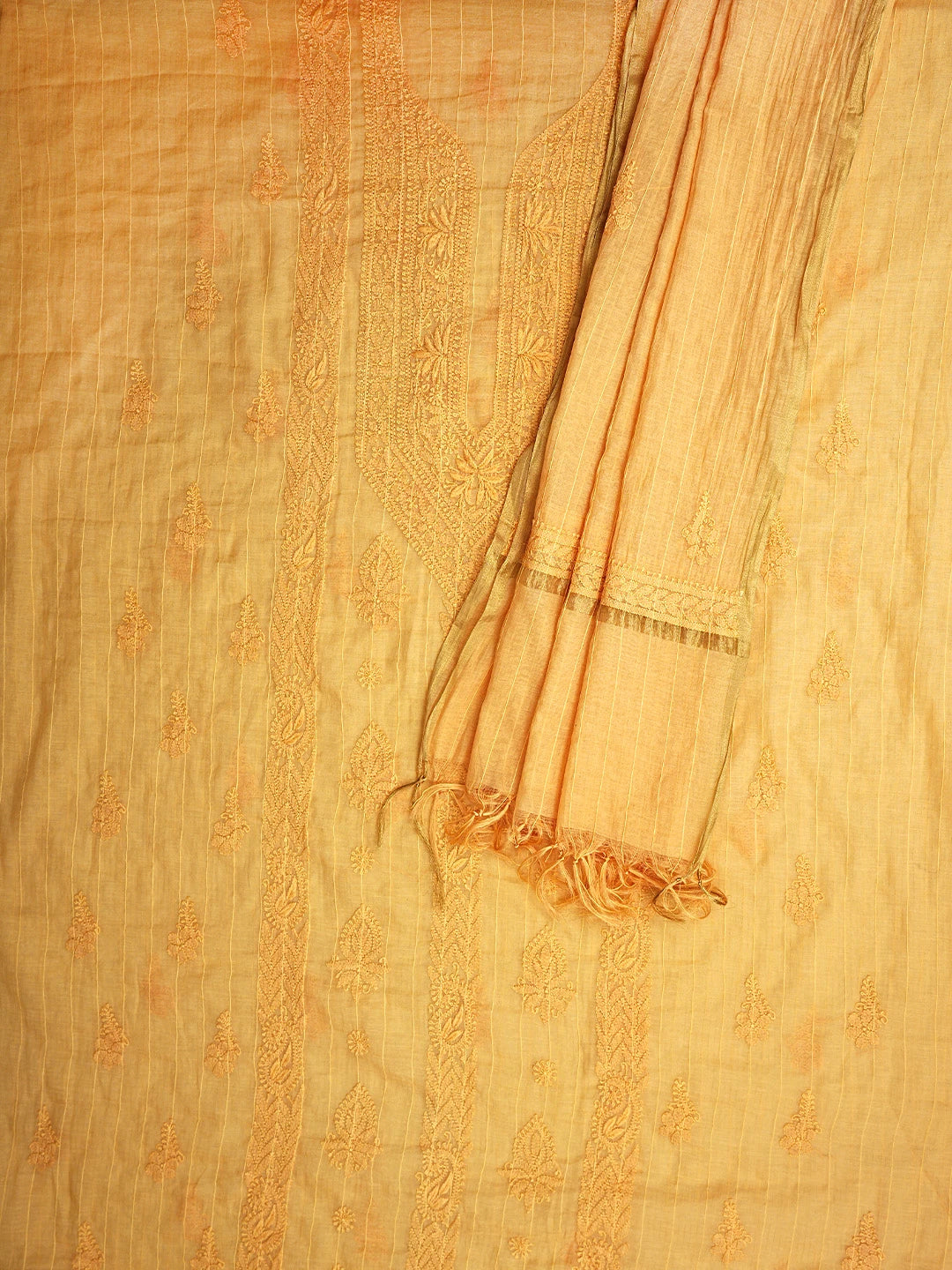 Ada Hand Embroidered Light Orange Chanderi Lucknowi Chikankari Unstitched Kurta Dupatta Set 01A922026