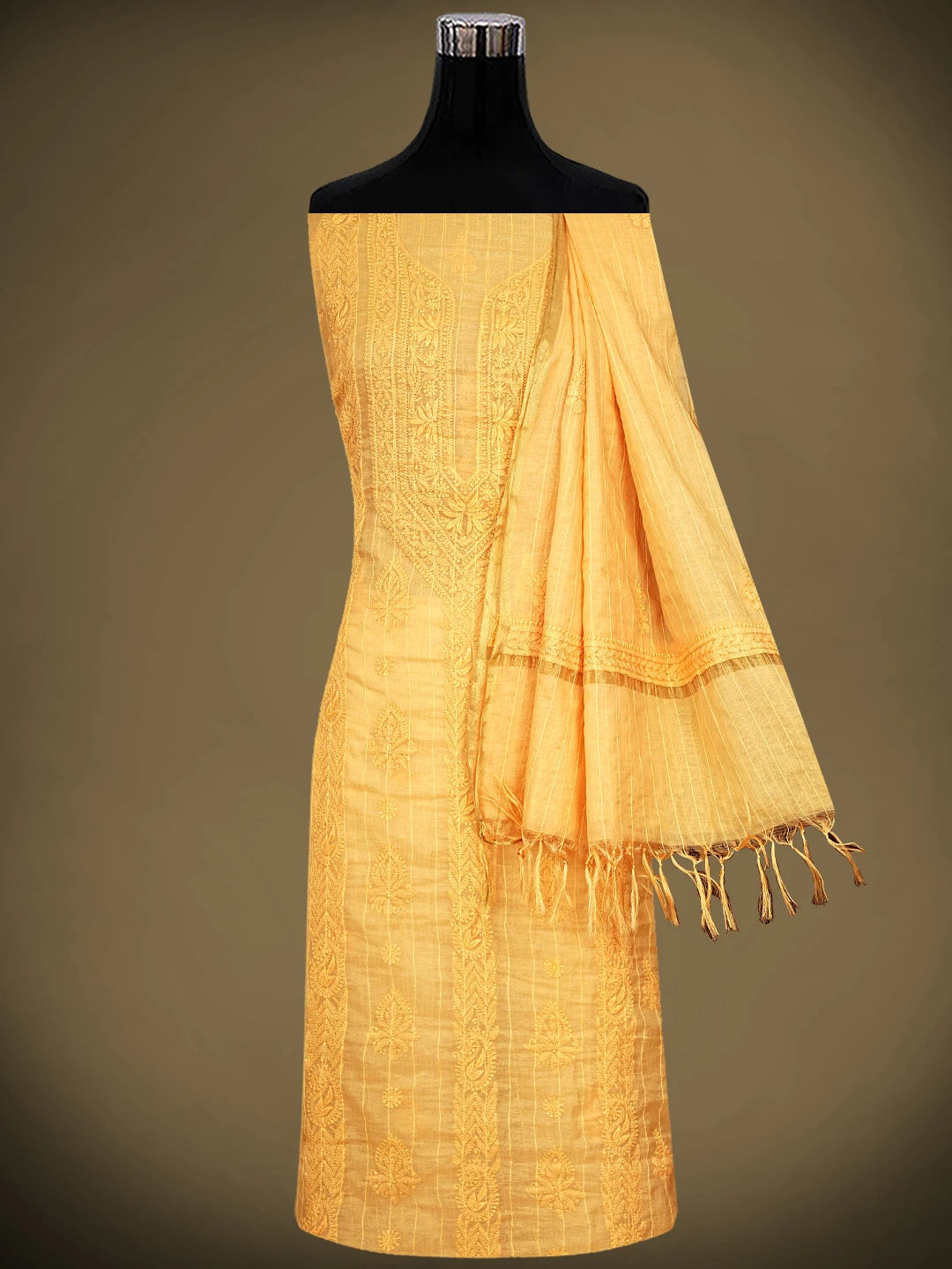Ada Hand Embroidered Light Orange Chanderi Lucknowi Chikankari Unstitched Kurta Dupatta Set 01A922026