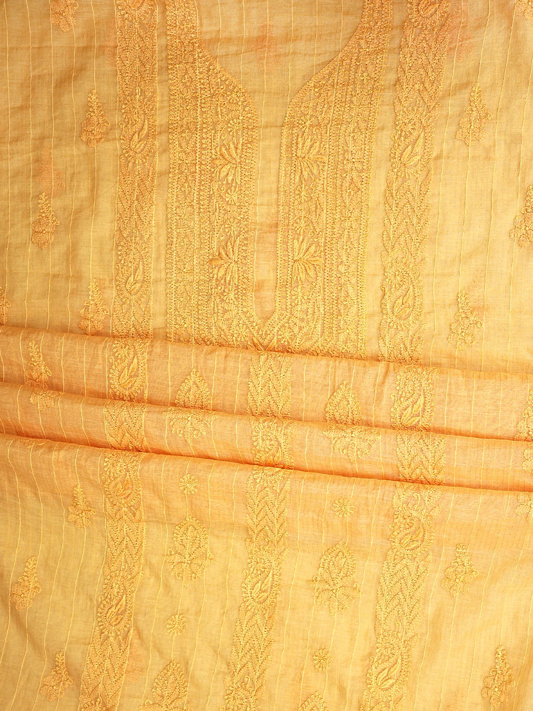 Ada Hand Embroidered Light Orange Chanderi Lucknowi Chikankari Unstitched Kurta Dupatta Set 01A922026