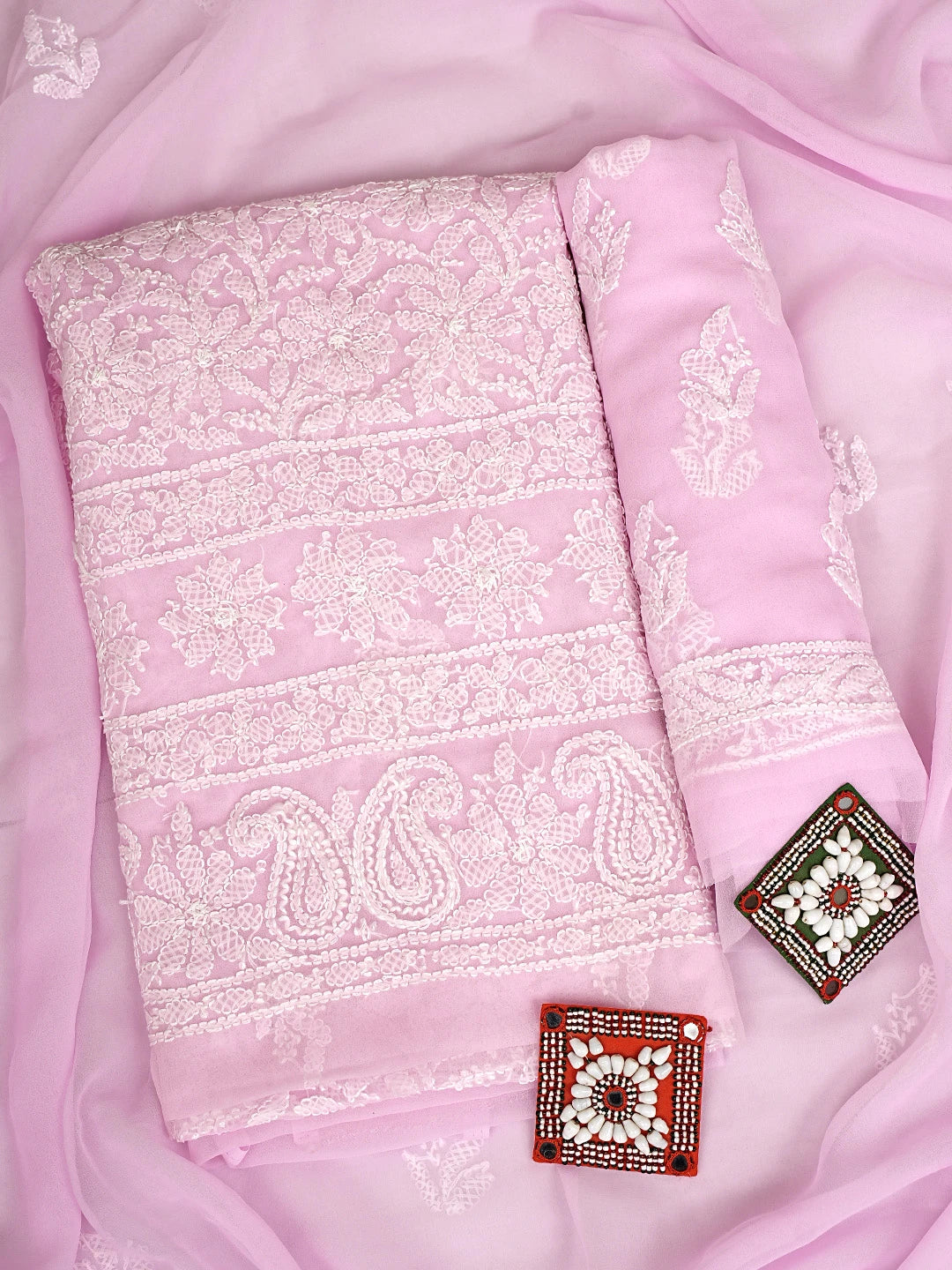 Ada Hand Embroidered Pink Georgette Lucknowi Chikankari Unstitched Suit Piece 01A933072