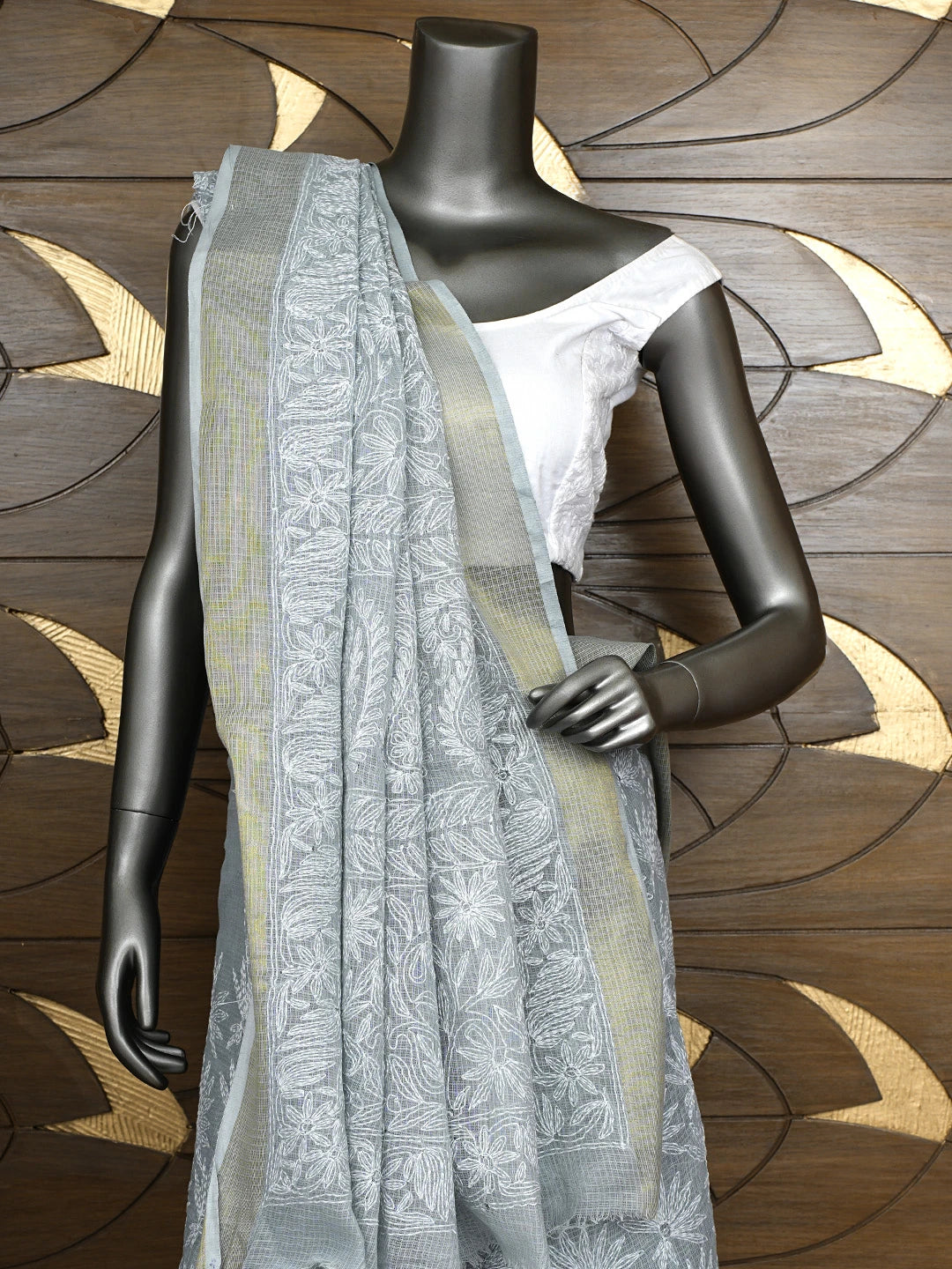 Ada Hand Embroidered Grey Kota Lucknowi Chikankari Saree and Blouse 01A922180