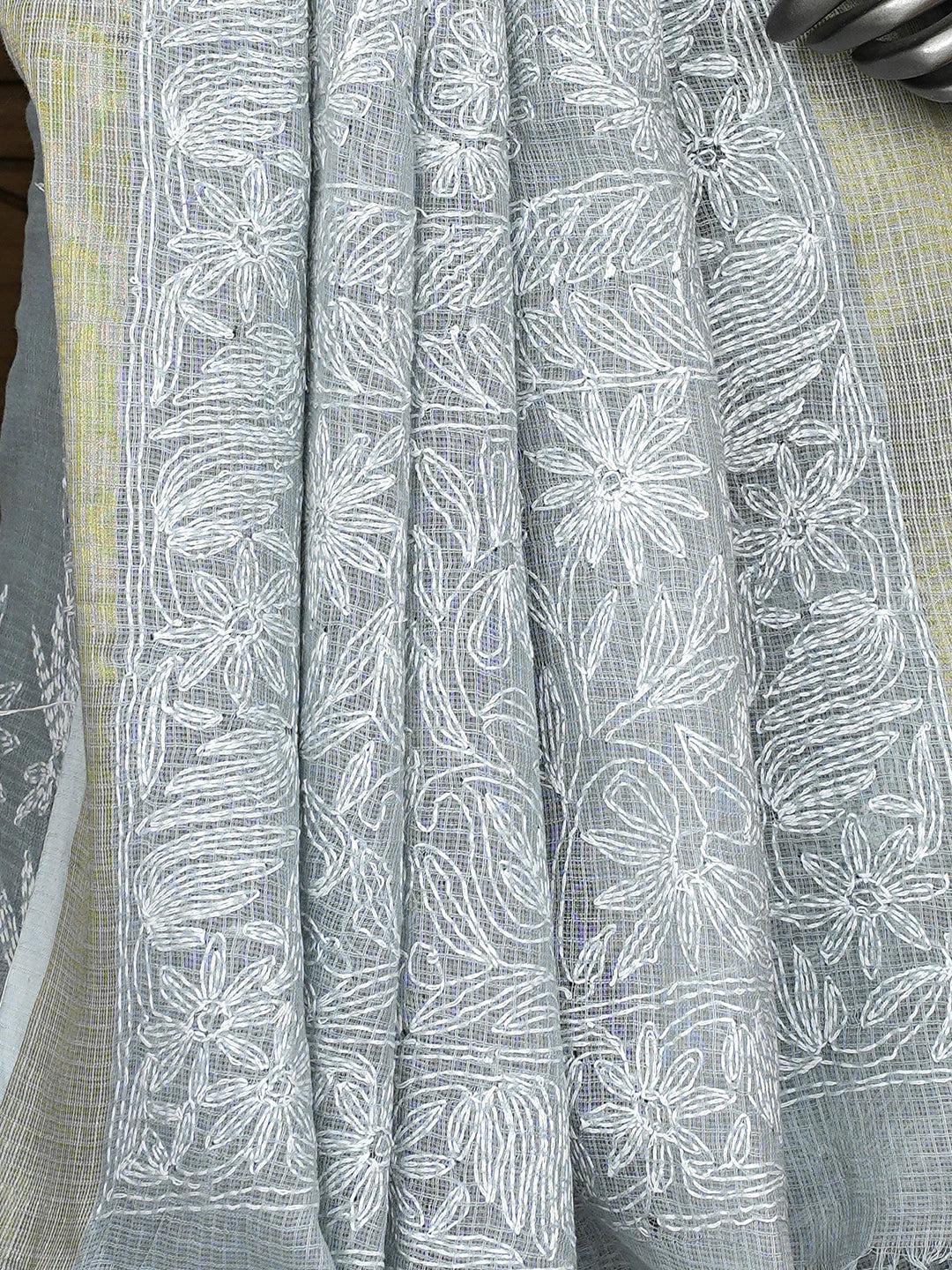 Ada Hand Embroidered Grey Kota Lucknowi Chikankari Saree and Blouse 01A922180
