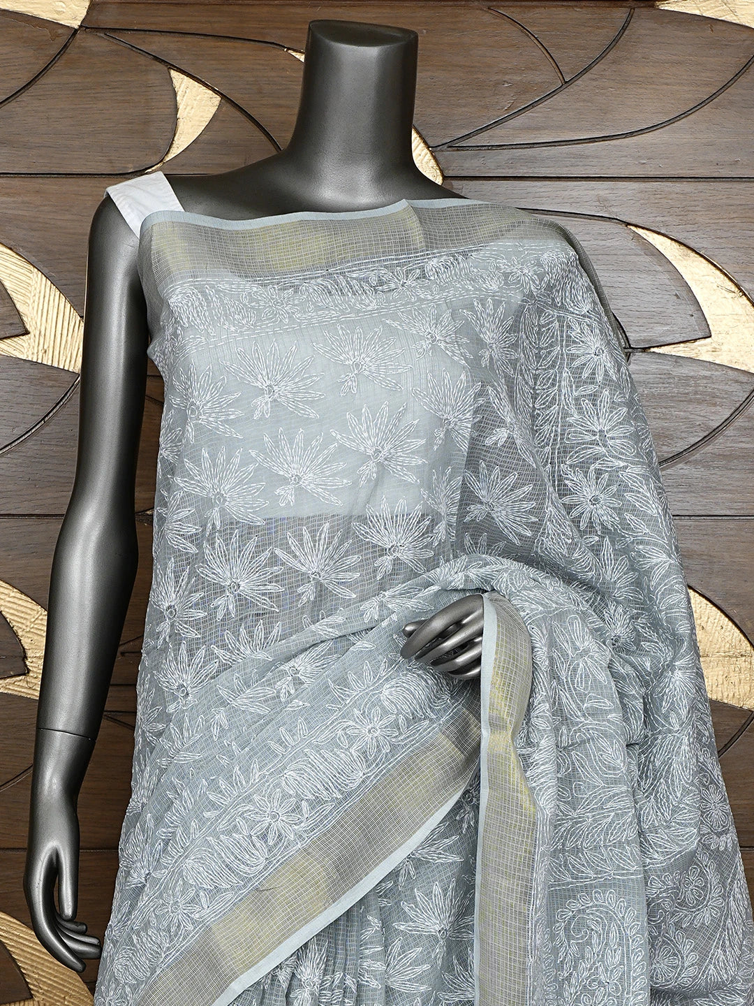 Ada Hand Embroidered Grey Kota Lucknowi Chikankari Saree and Blouse 01A922180