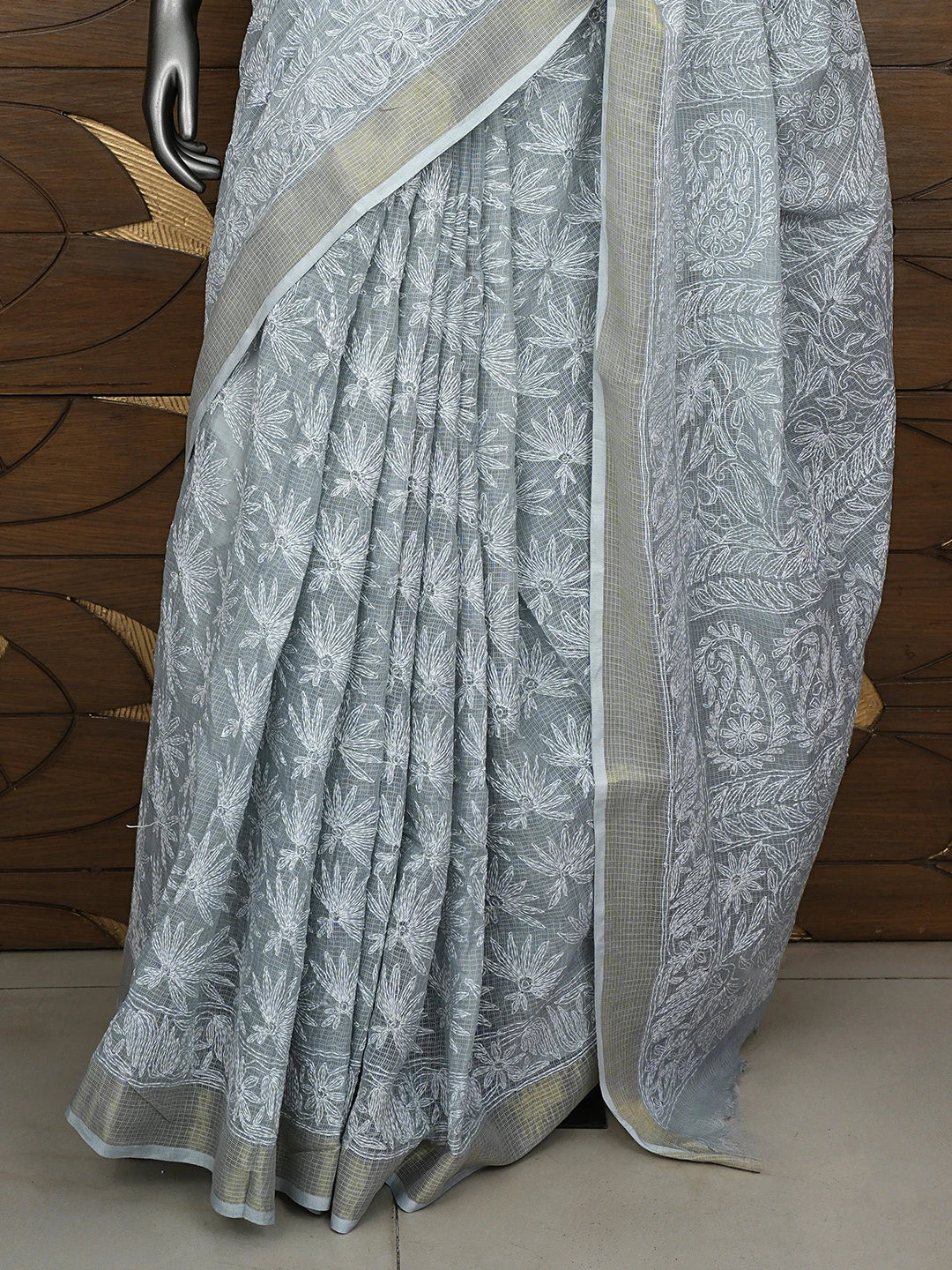 Ada Hand Embroidered Grey Kota Lucknowi Chikankari Saree and Blouse 01A922180