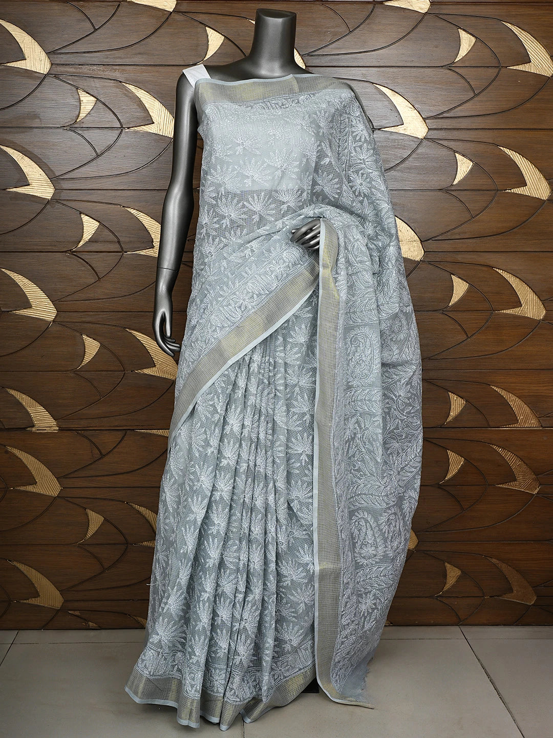 Ada Hand Embroidered Grey Kota Lucknowi Chikankari Saree and Blouse 01A922180