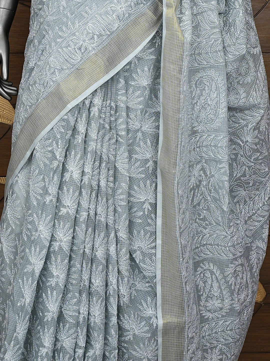 Ada Hand Embroidered Grey Kota Lucknowi Chikankari Saree and Blouse 01A922180