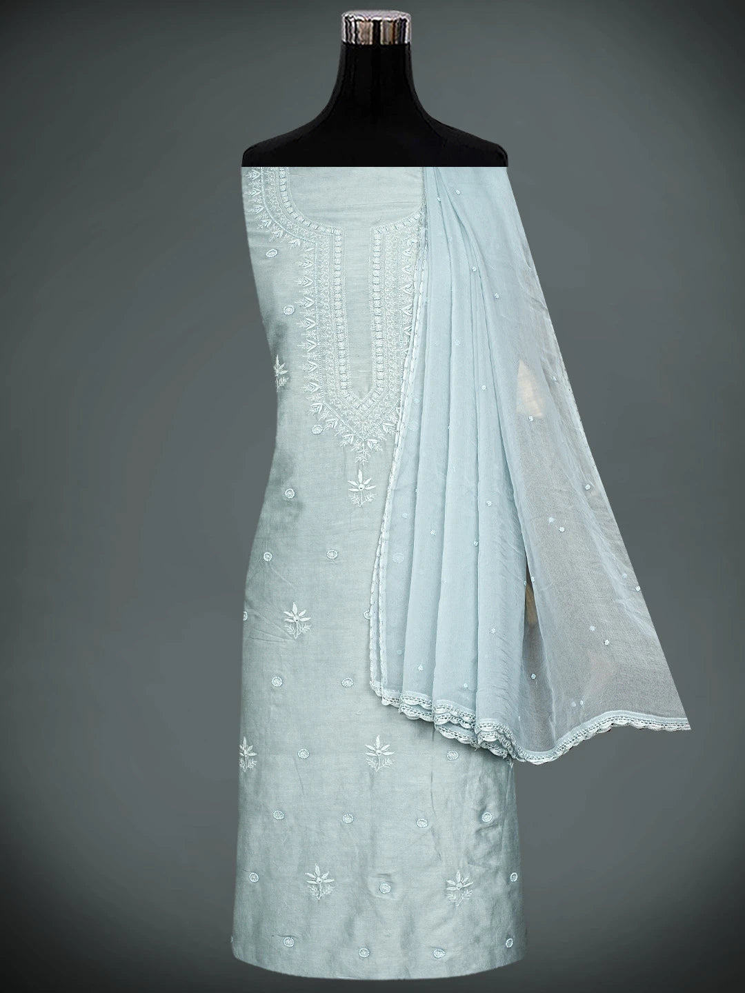 Ada Hand Embroidered Grey Chanderi Lucknowi Chikankari Unstitched Suit Piece With Cutdana Work 01A791853