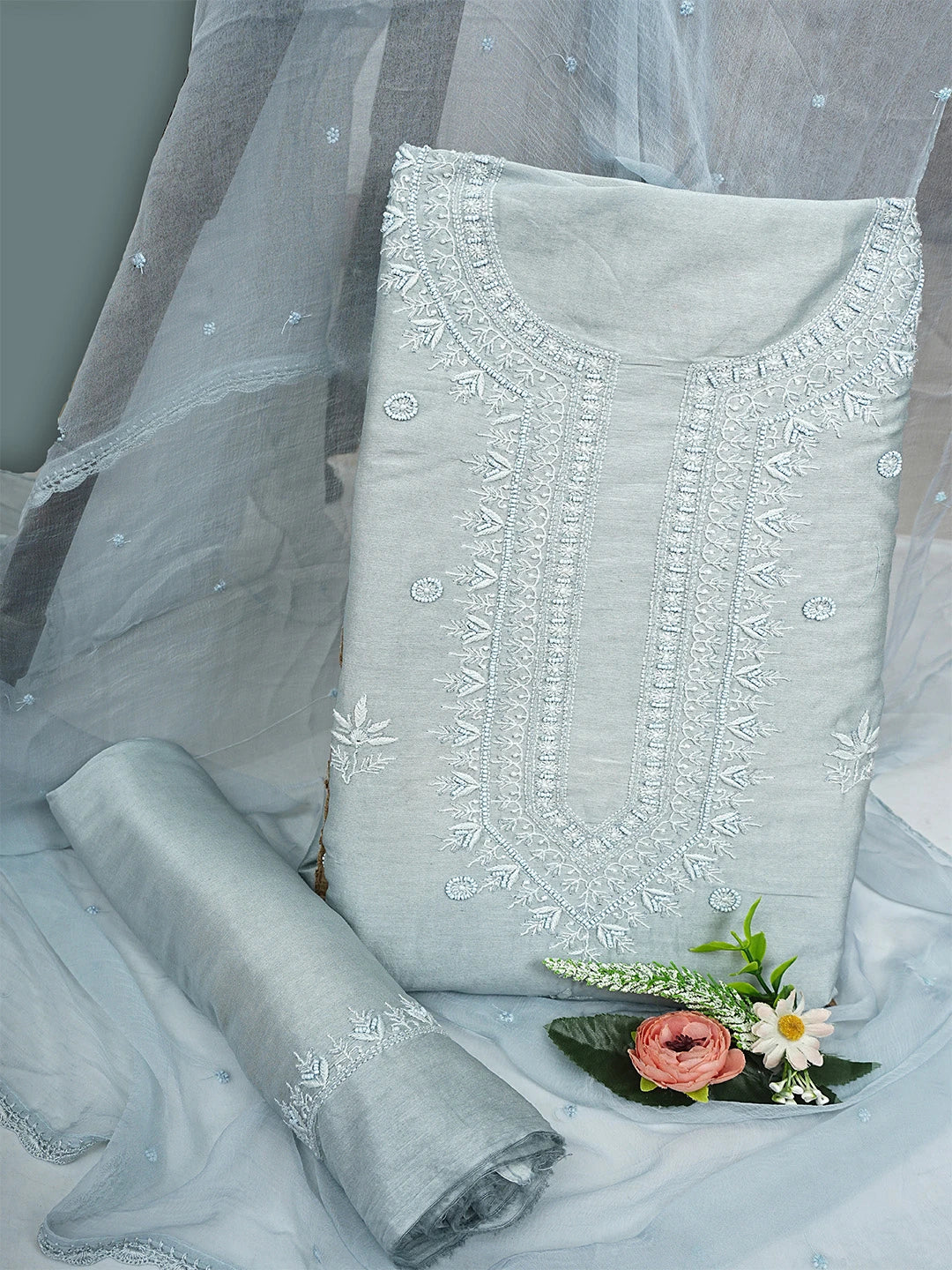 Ada Hand Embroidered Grey Chanderi Lucknowi Chikankari Unstitched Suit Piece With Cutdana Work 01A791853