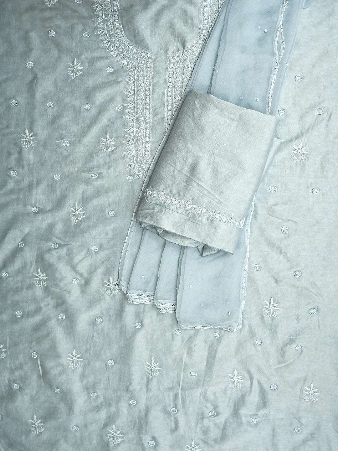 Ada Hand Embroidered Grey Chanderi Lucknowi Chikankari Unstitched Suit Piece With Cutdana Work 01A791853