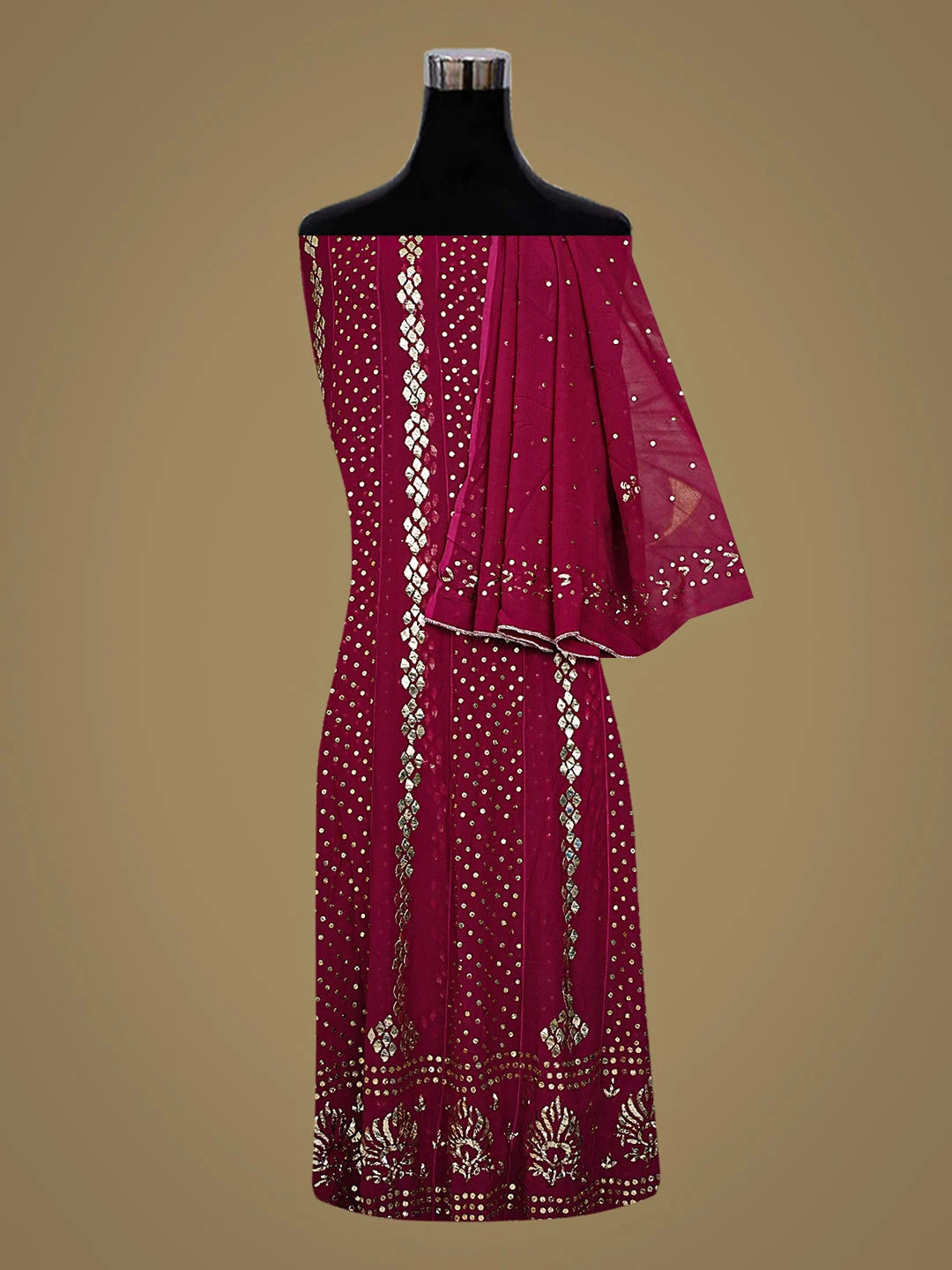 Ada Hand Embroidered Wine Viscose Georgette Semi-Stitched Anarkali Kurta Dupatta Set With Mukaish/Muqaish Work 01A895929