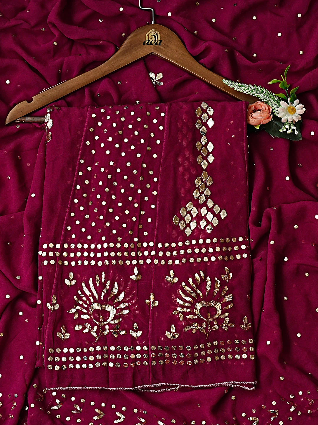 Ada Hand Embroidered Wine Viscose Georgette Semi-Stitched Anarkali Kurta Dupatta Set With Mukaish/Muqaish Work 01A895929