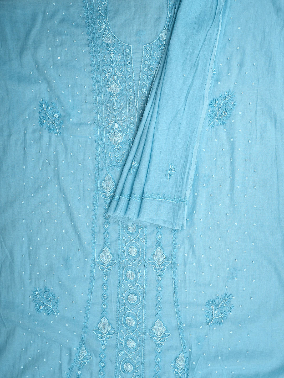 Ada Hand Embroidered Sky Blue Chanderi Lucknowi Chikankari Unstitched Kurta Dupatta Set With Pearl Work 01A911497