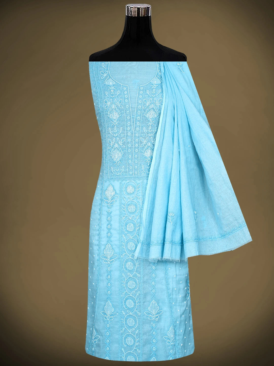 Ada Hand Embroidered Sky Blue Chanderi Lucknowi Chikankari Unstitched Kurta Dupatta Set With Pearl Work 01A911497