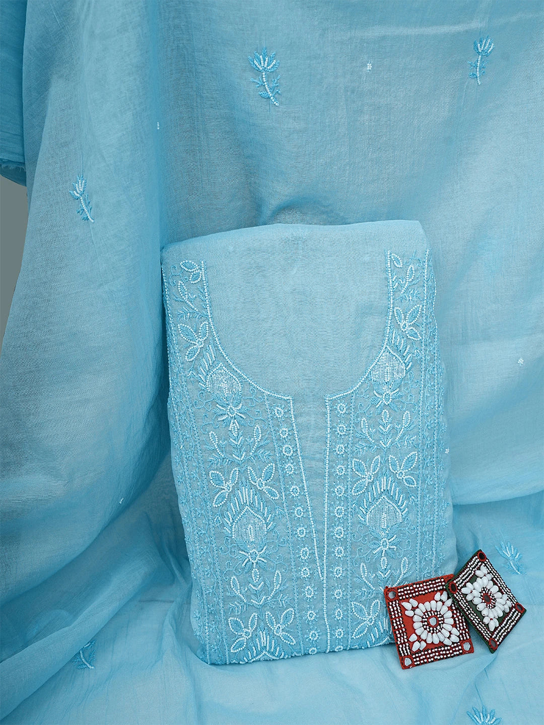 Ada Hand Embroidered Sky Blue Chanderi Lucknowi Chikankari Unstitched Kurta Dupatta Set With Pearl Work 01A911497