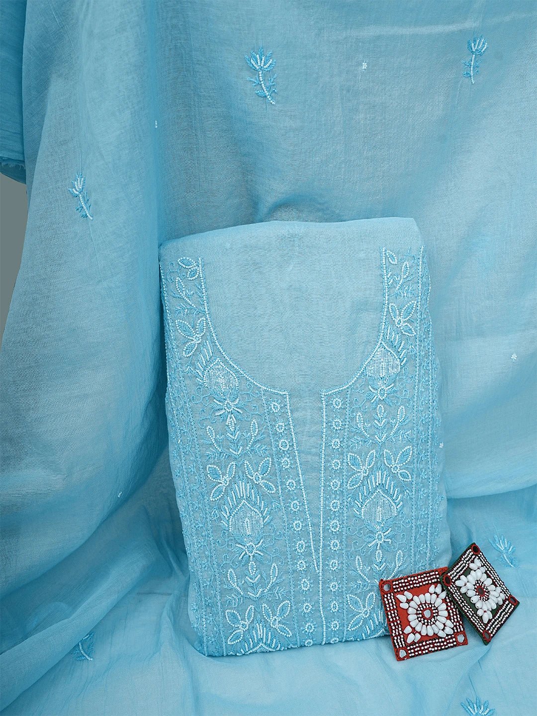 Ada Hand Embroidered Sky Blue Chanderi Lucknowi Chikankari Unstitched Kurta Dupatta Set With Pearl Work 01A911497