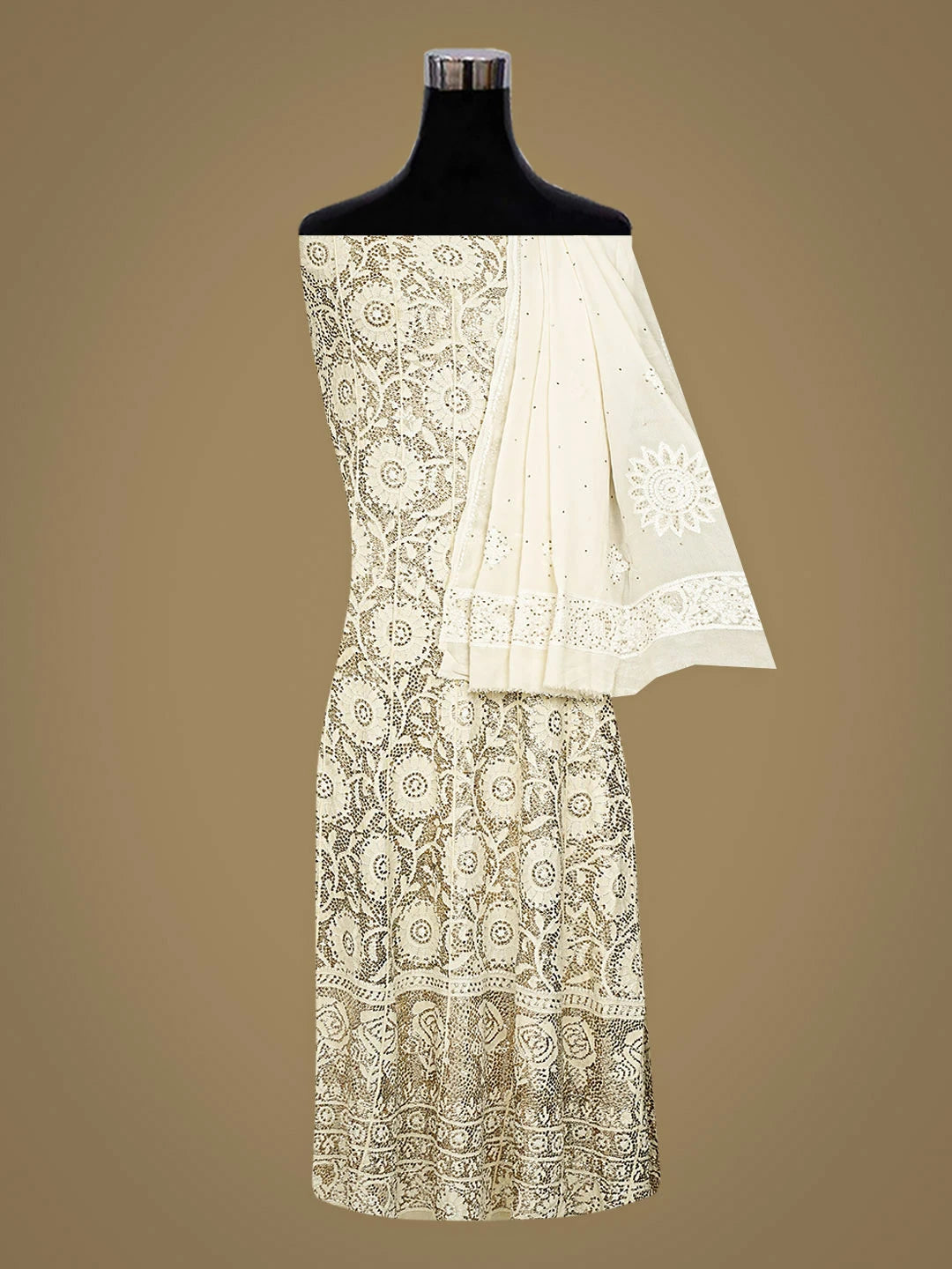 Ada Hand Embroidered Off White Pure Georgette  Lucknowi Chikankari Semi-Stitched Anarkali Kurta Dupatta Set With Mukaish/Muqaish Work 01A889817