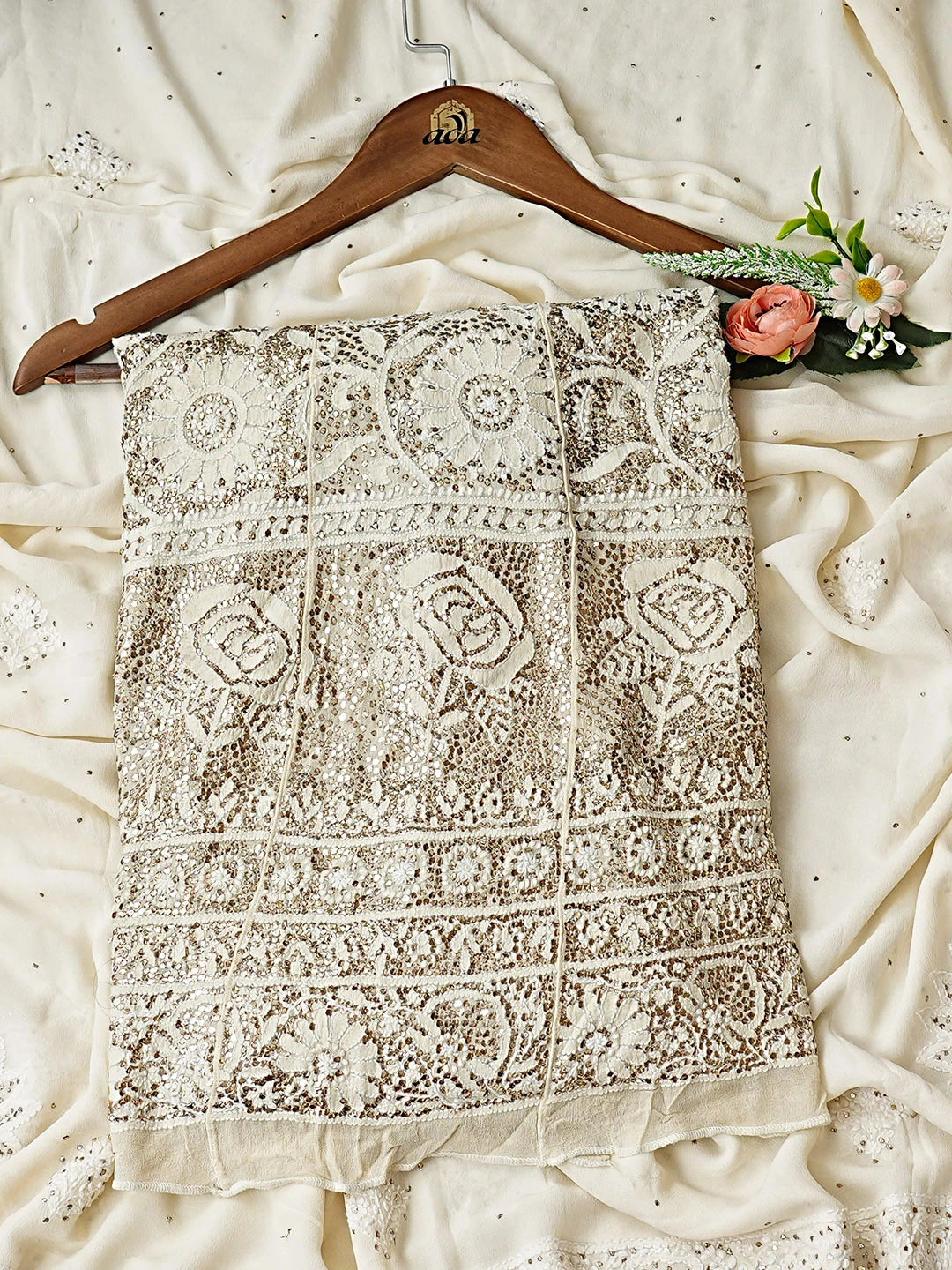 Ada Hand Embroidered Off White Pure Georgette  Lucknowi Chikankari Semi-Stitched Anarkali Kurta Dupatta Set With Mukaish/Muqaish Work 01A889817