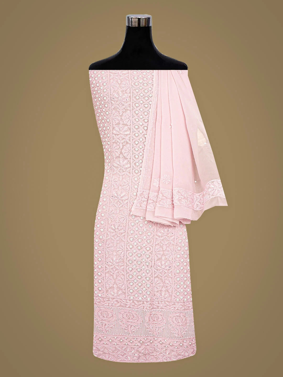 Ada Hand Embroidered Pink Viscose Georgette Lucknowi Chikankari Unstitched Kurta Dupatta Set With Pearl Work 01A808400