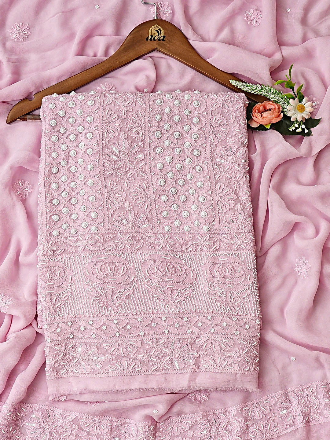 Ada Hand Embroidered Pink Viscose Georgette Lucknowi Chikankari Unstitched Kurta Dupatta Set With Pearl Work 01A808400