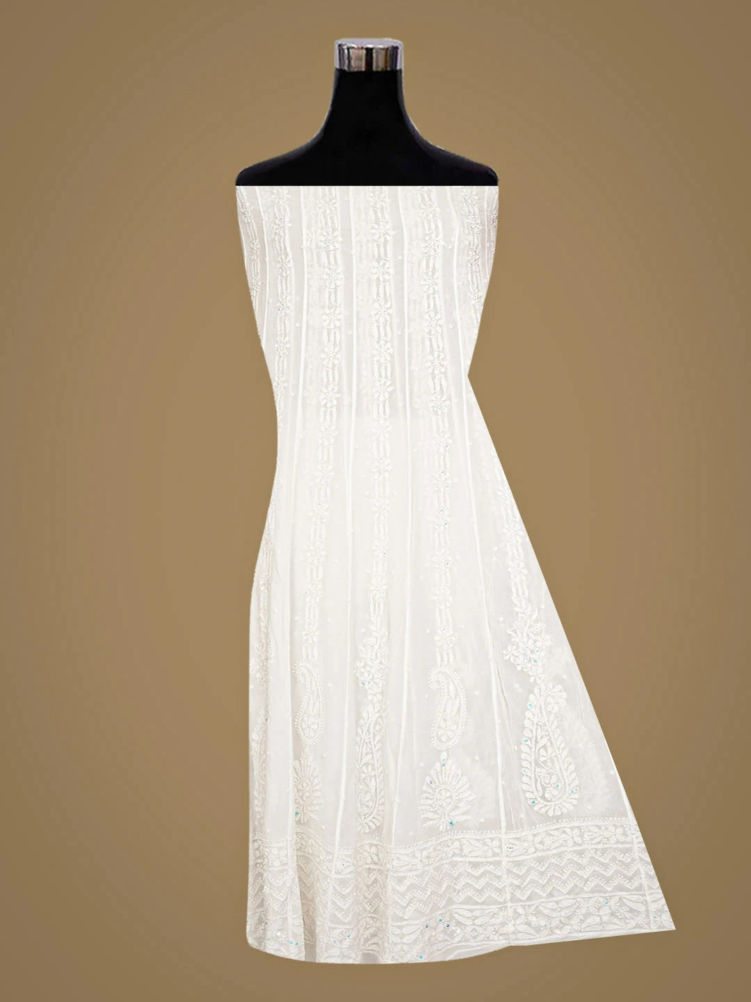 Ada Hand Embroidered White Viscose Georgette  Lucknowi Chikankari Semi-Stitched Anarkali Kurta Dupatta Set With Sequinned Work 01A901429