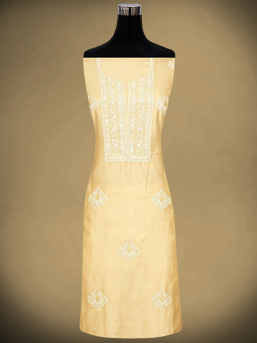 Ada Hand Embroidered Apricot Cream Chanderi Lucknowi Chikankari Unstitched Kurta Dupatta Set With Cutdana Work 01A910638