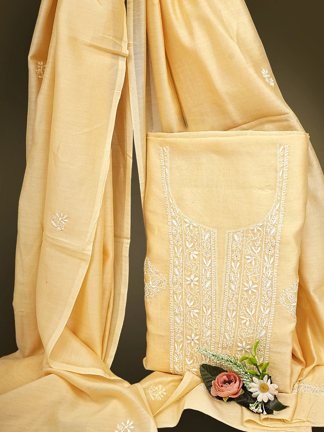 Ada Hand Embroidered Apricot Cream Chanderi Lucknowi Chikankari Unstitched Kurta Dupatta Set With Cutdana Work 01A910638