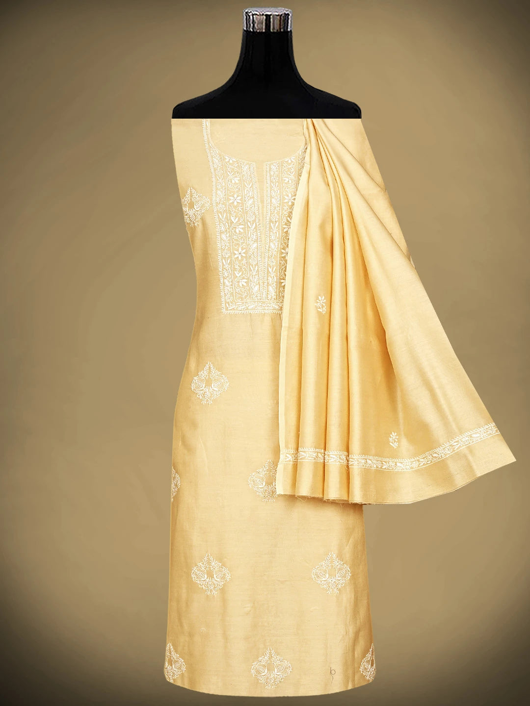 Ada Hand Embroidered Apricot Cream Chanderi Lucknowi Chikankari Unstitched Kurta Dupatta Set With Cutdana Work 01A910638