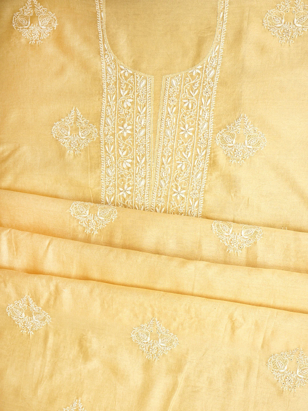 Ada Hand Embroidered Apricot Cream Chanderi Lucknowi Chikankari Unstitched Kurta Dupatta Set With Cutdana Work 01A910638