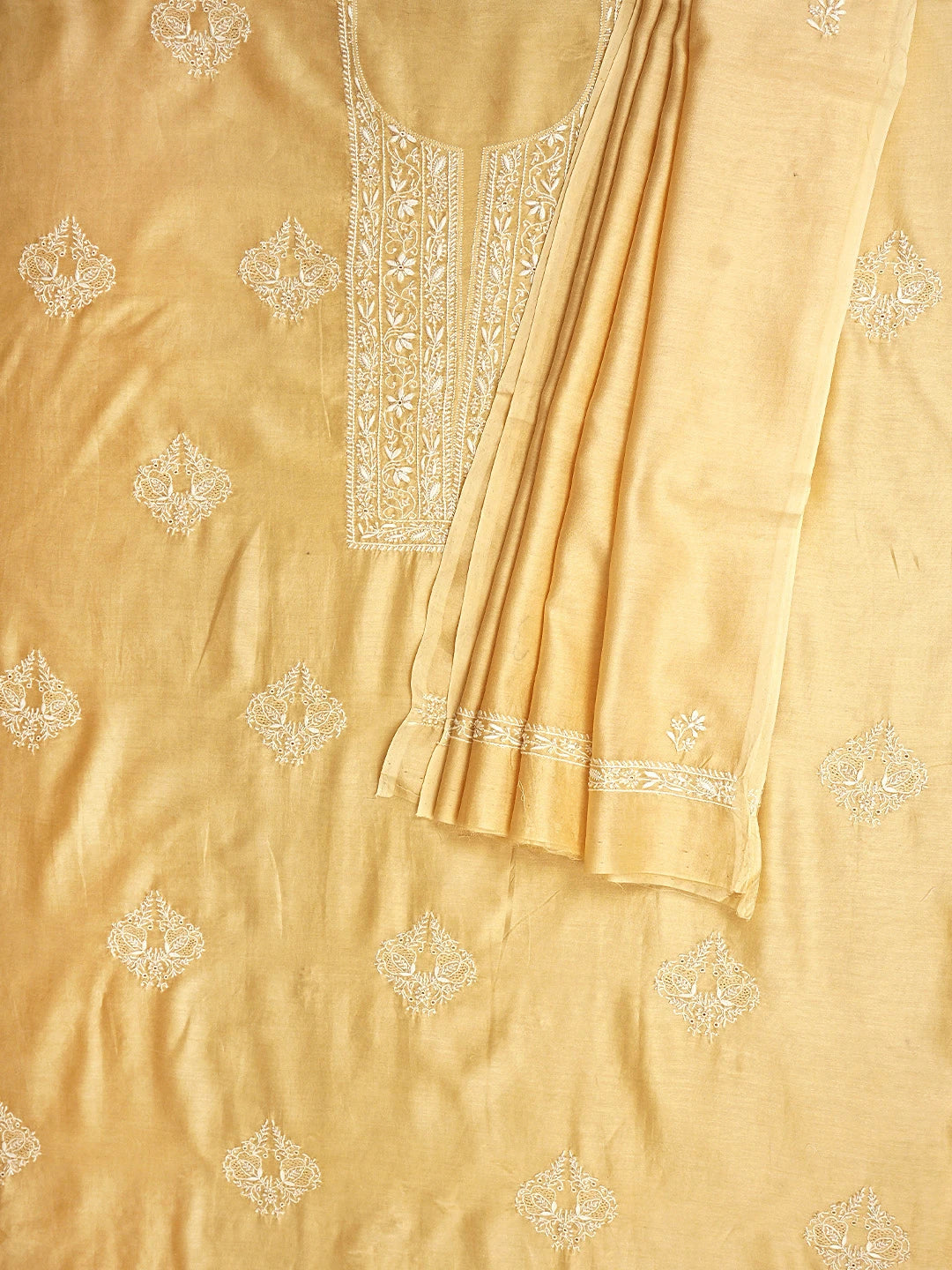 Ada Hand Embroidered Apricot Cream Chanderi Lucknowi Chikankari Unstitched Kurta Dupatta Set With Cutdana Work 01A910638
