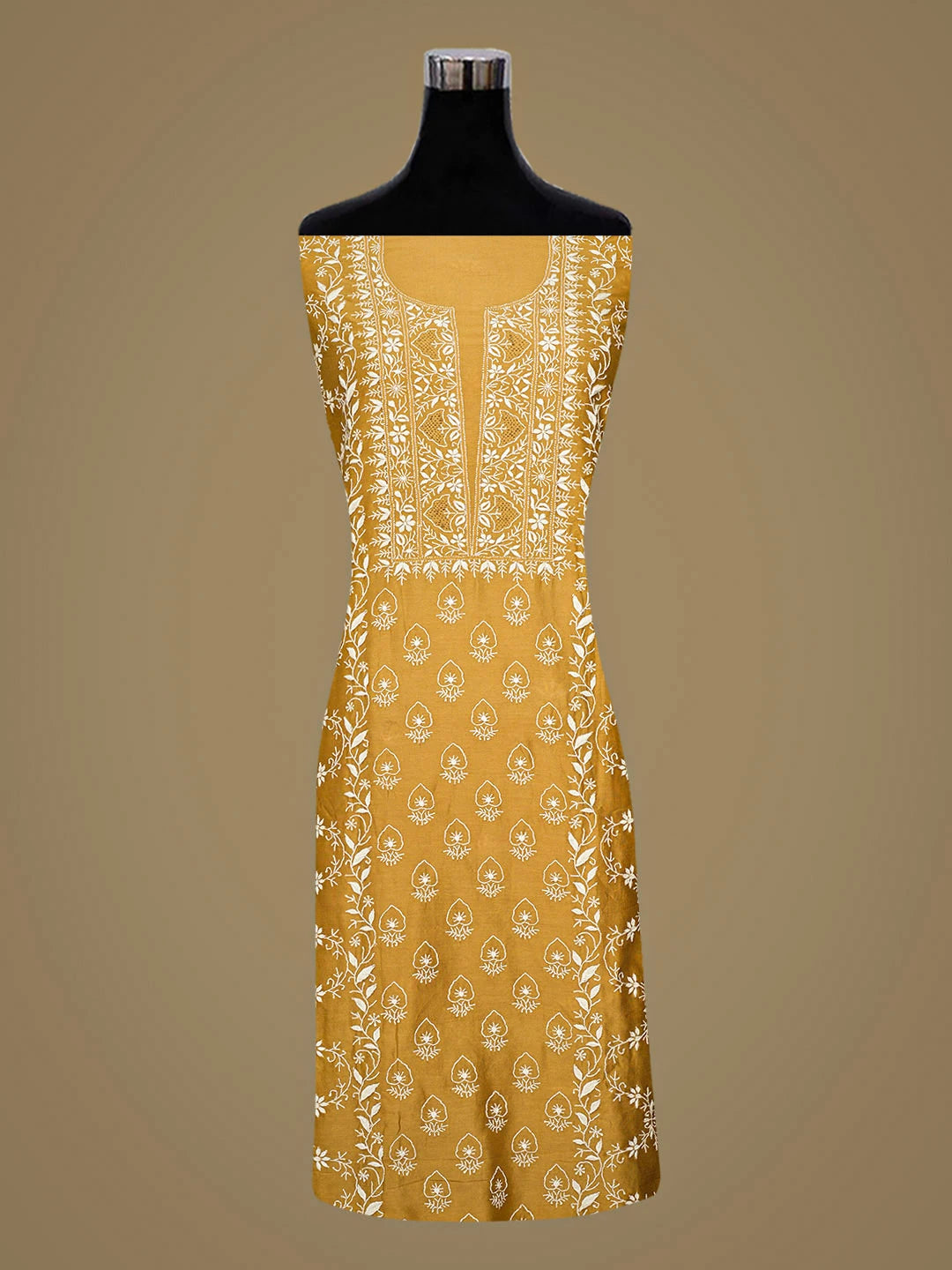 Ada Hand Embroidered Fawn Chanderi Lucknowi Chikankari Unstitched Suit Piece 01A932487