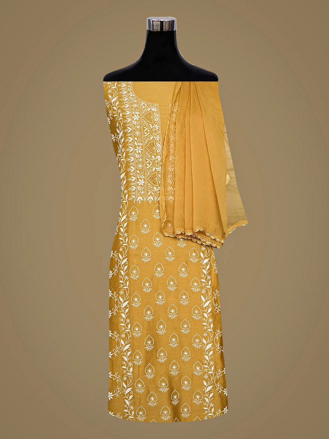 Ada Hand Embroidered Fawn Chanderi Lucknowi Chikankari Unstitched Suit Piece 01A932487