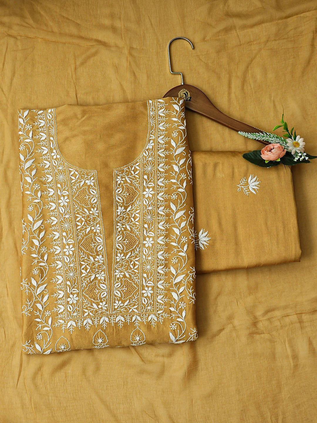 Ada Hand Embroidered Fawn Chanderi Lucknowi Chikankari Unstitched Suit Piece 01A932487