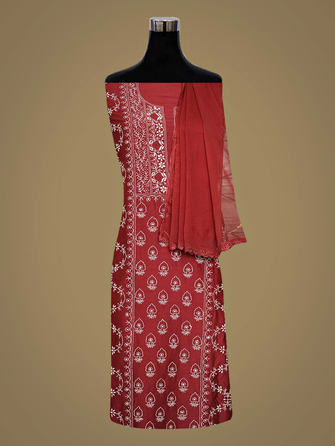 Ada Hand Embroidered Maroon Chanderi Lucknowi Chikankari Unstitched Suit Piece 01A932494