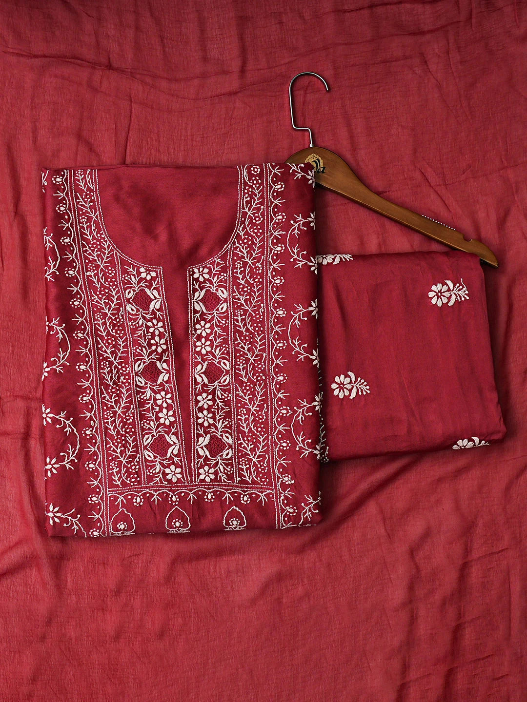 Ada Hand Embroidered Maroon Chanderi Lucknowi Chikankari Unstitched Suit Piece 01A932494