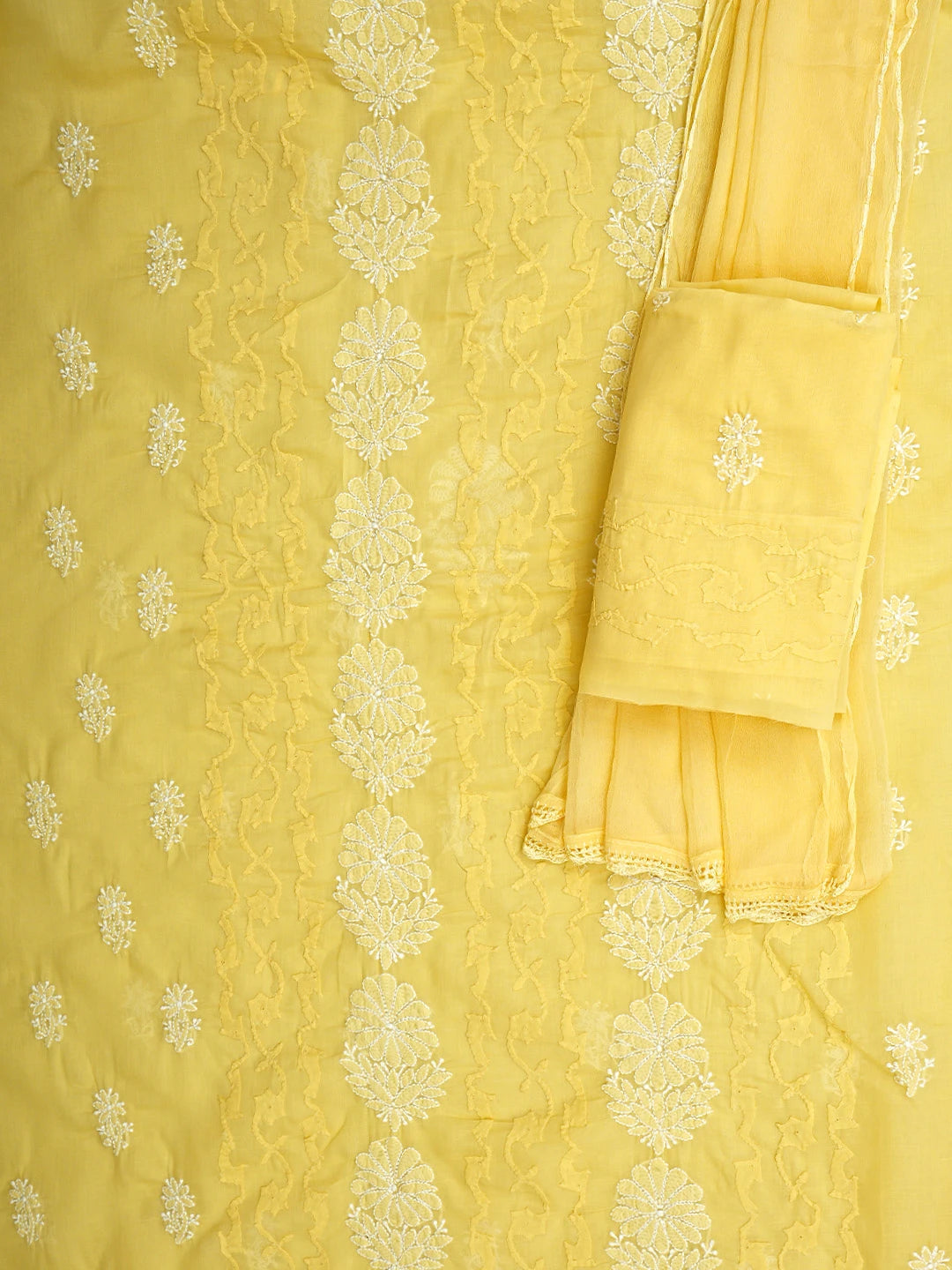 Ada Hand Embroidered Yellow Cotton Lucknowi Chikankari Unstitched Suit Piece 01A880194