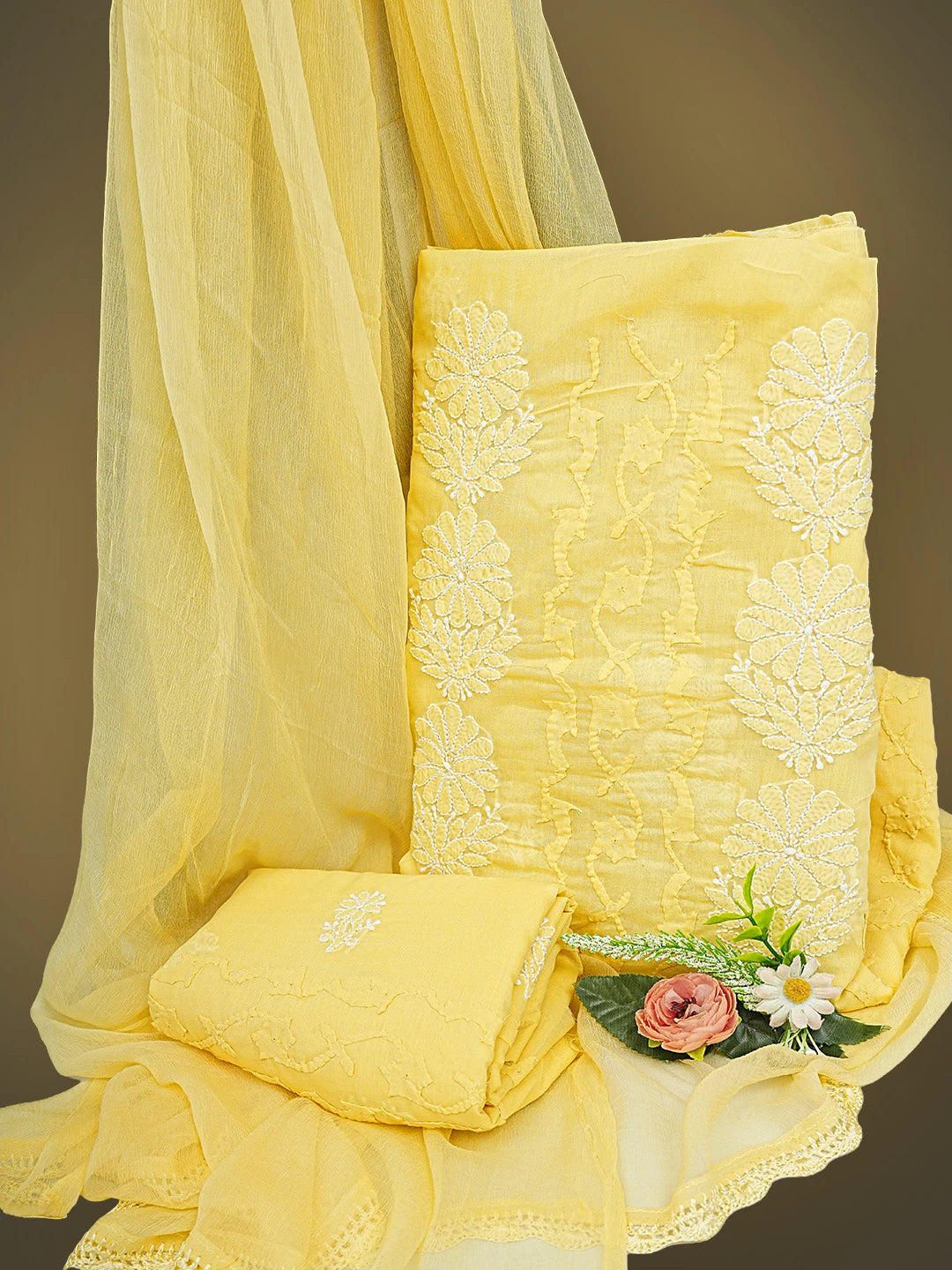 Ada Hand Embroidered Yellow Cotton Lucknowi Chikankari Unstitched Suit Piece 01A880194