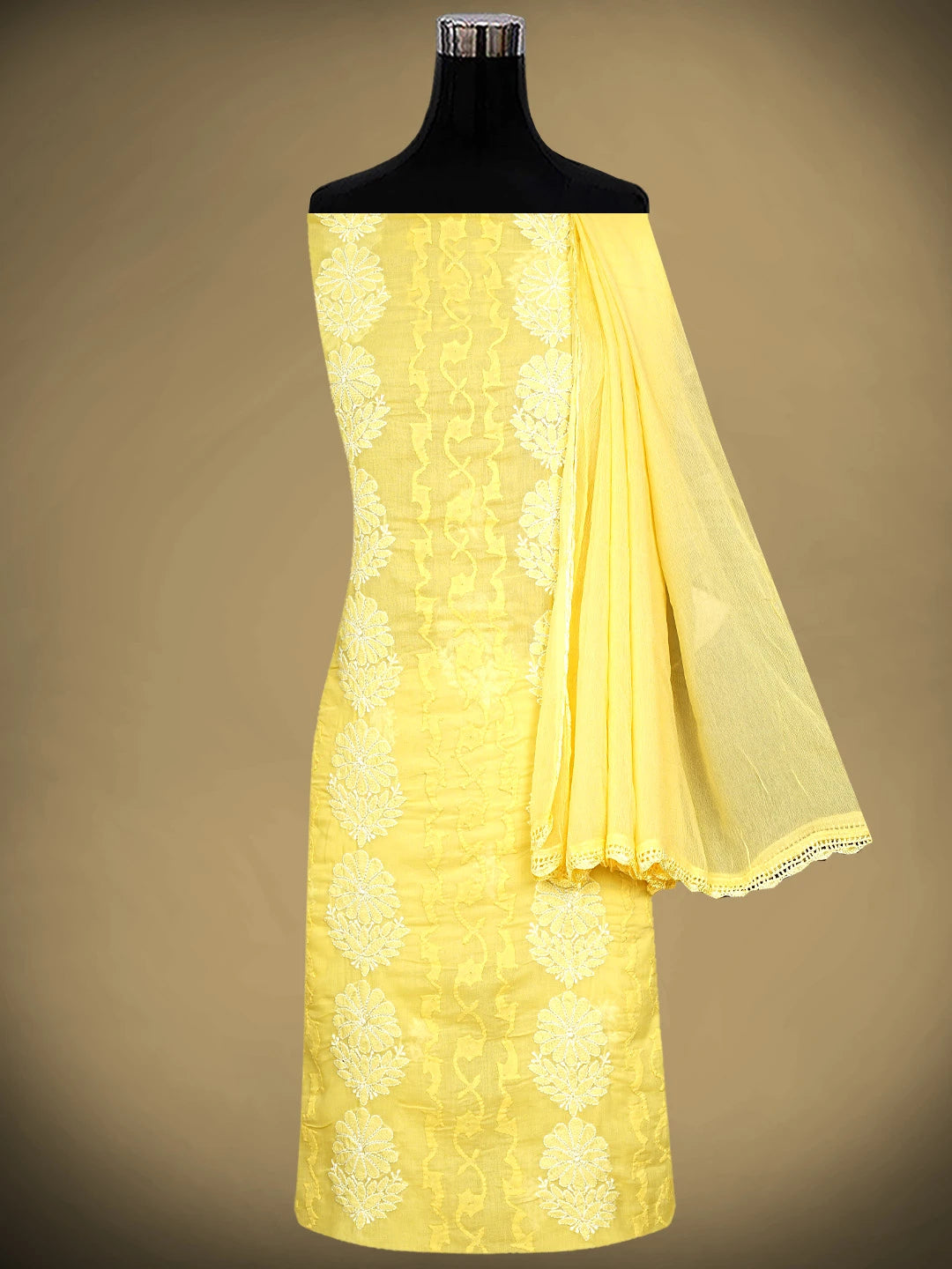 Ada Hand Embroidered Yellow Cotton Lucknowi Chikankari Unstitched Suit Piece 01A880194