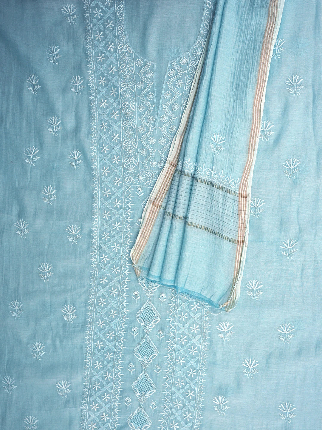 Ada Hand Embroidered Sky Blue Chanderi Lucknowi Chikankari Unstitched Kurta Dupatta Set 01A923509