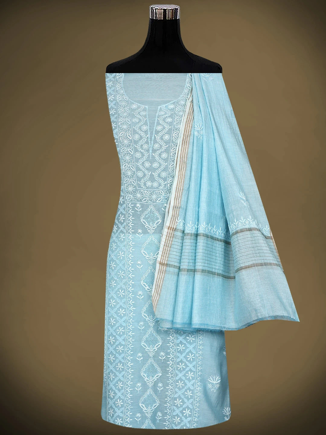 Ada Hand Embroidered Sky Blue Chanderi Lucknowi Chikankari Unstitched Kurta Dupatta Set 01A923509
