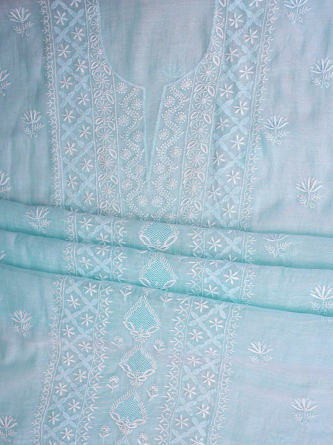 Ada Hand Embroidered Sky Blue Chanderi Lucknowi Chikankari Unstitched Kurta Dupatta Set 01A923509
