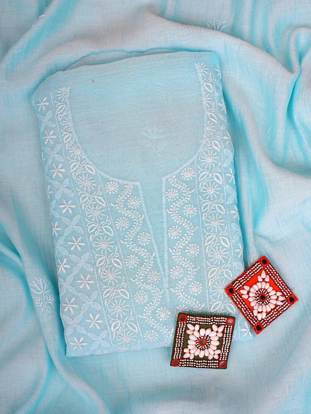 Ada Hand Embroidered Sky Blue Chanderi Lucknowi Chikankari Unstitched Kurta Dupatta Set 01A923509