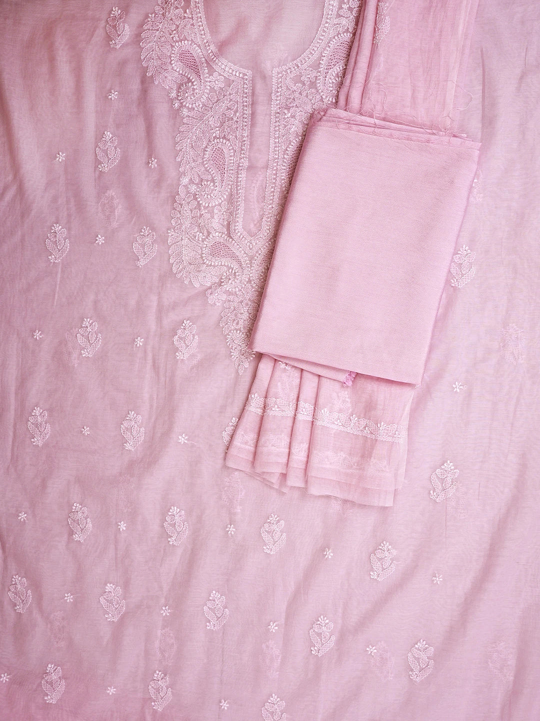 Ada Hand Embroidered Pink Chanderi Lucknowi Chikankari Unstitched Suit Piece 01A932550