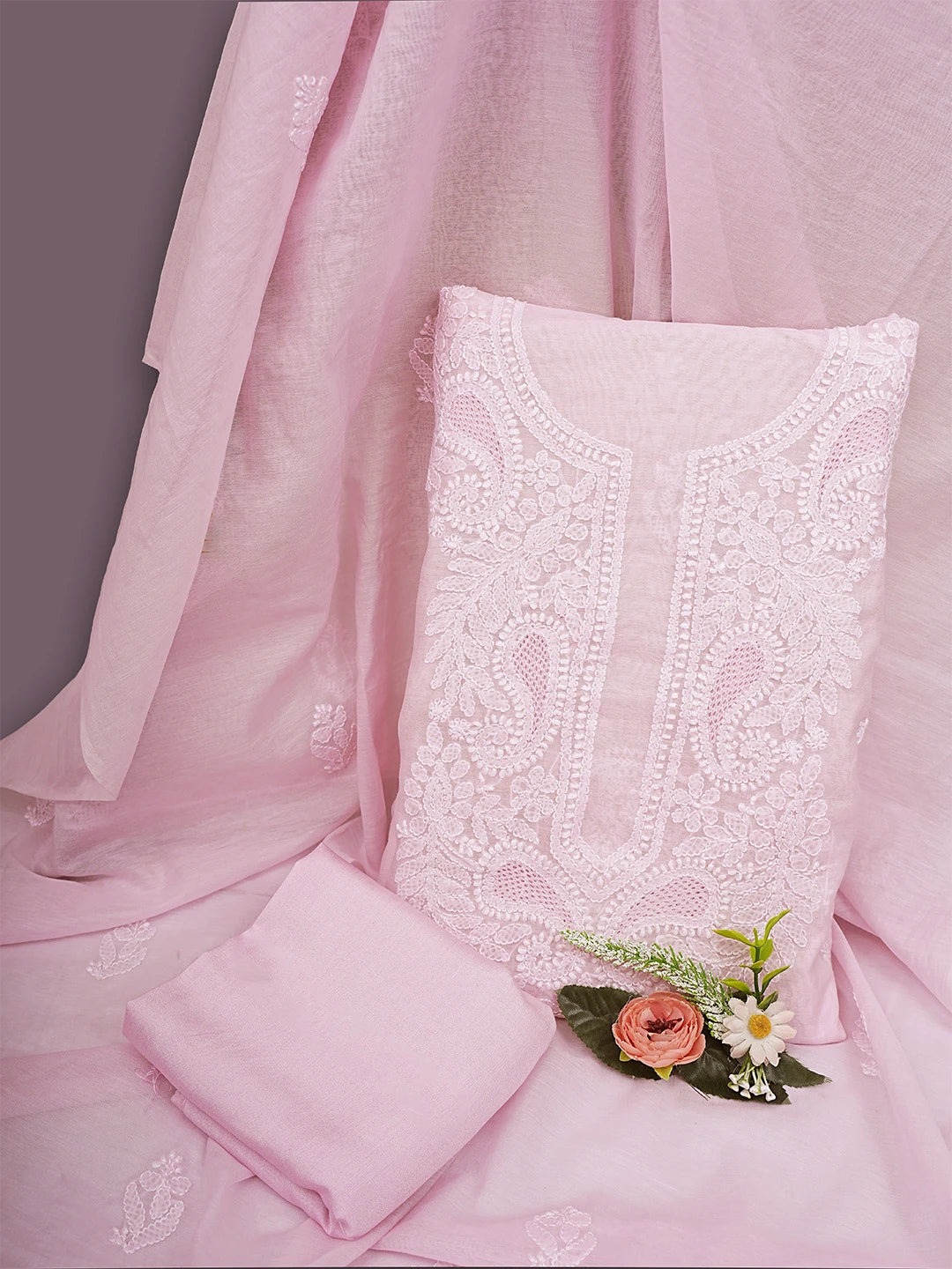 Ada Hand Embroidered Pink Chanderi Lucknowi Chikankari Unstitched Suit Piece 01A932550