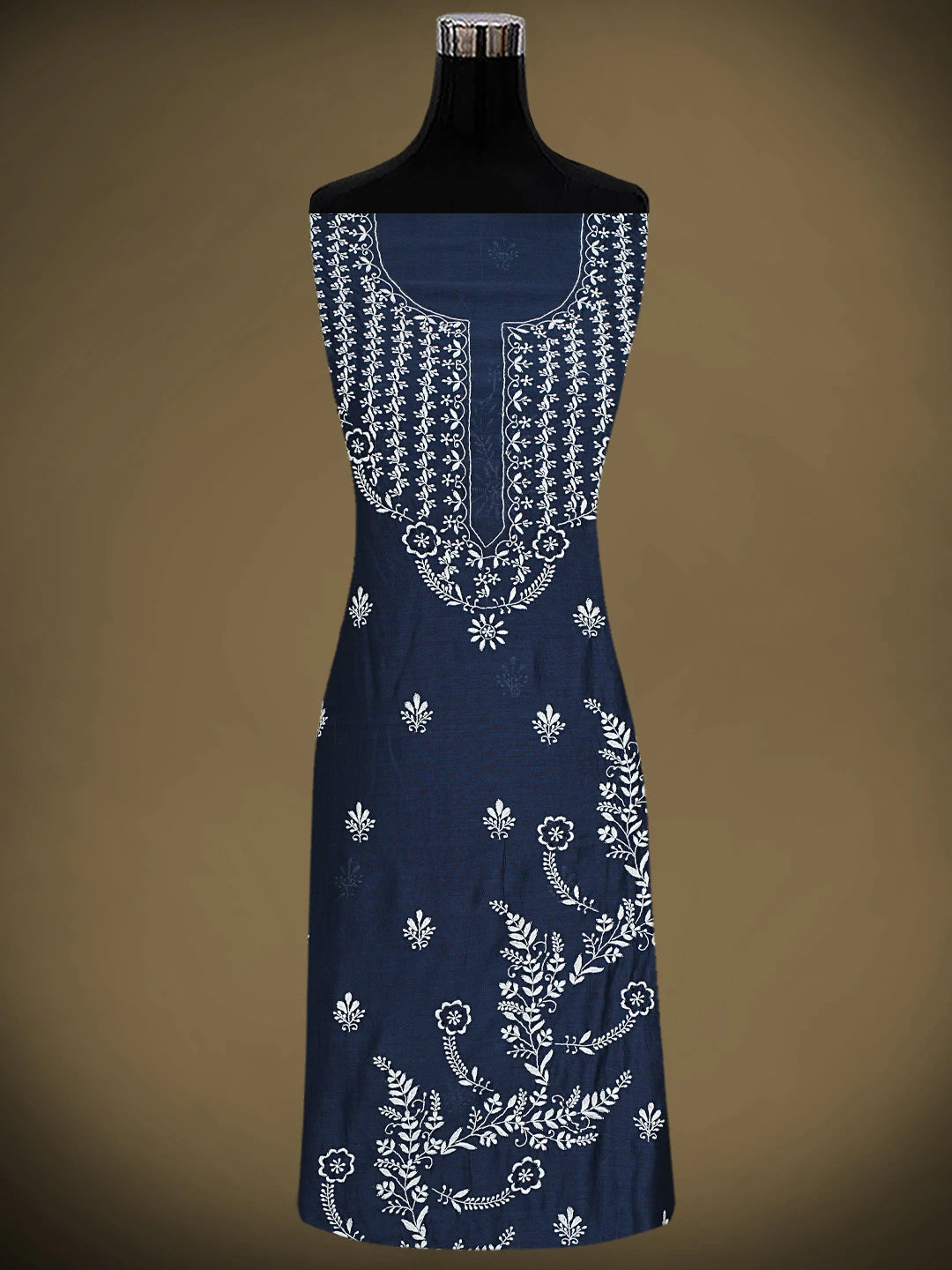 Ada Hand Embroidered Navy Blue Chanderi Lucknowi Chikankari Unstitched Kurta Dupatta Set 01A918291