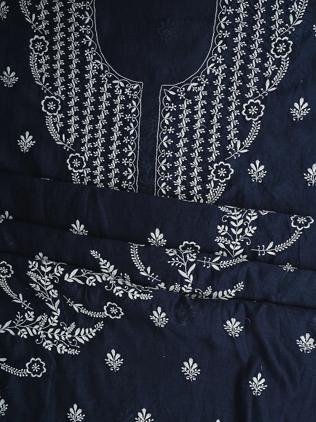 Ada Hand Embroidered Navy Blue Chanderi Lucknowi Chikankari Unstitched Kurta Dupatta Set 01A918291