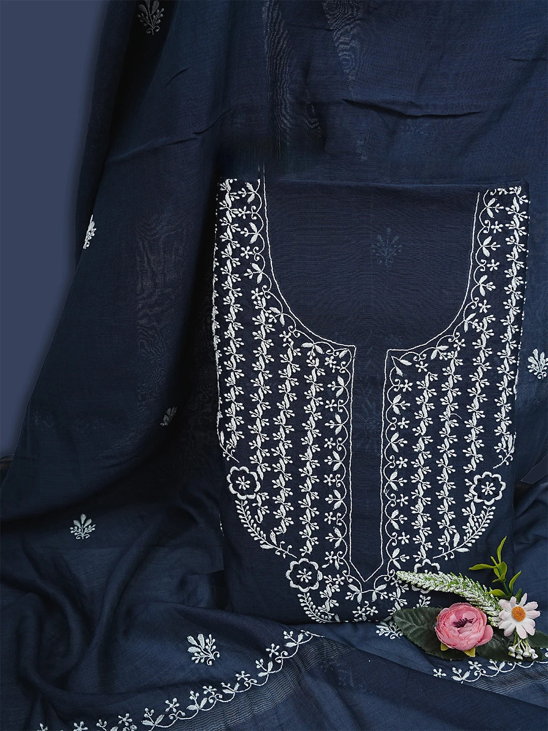 Ada Hand Embroidered Navy Blue Chanderi Lucknowi Chikankari Unstitched Kurta Dupatta Set 01A918291