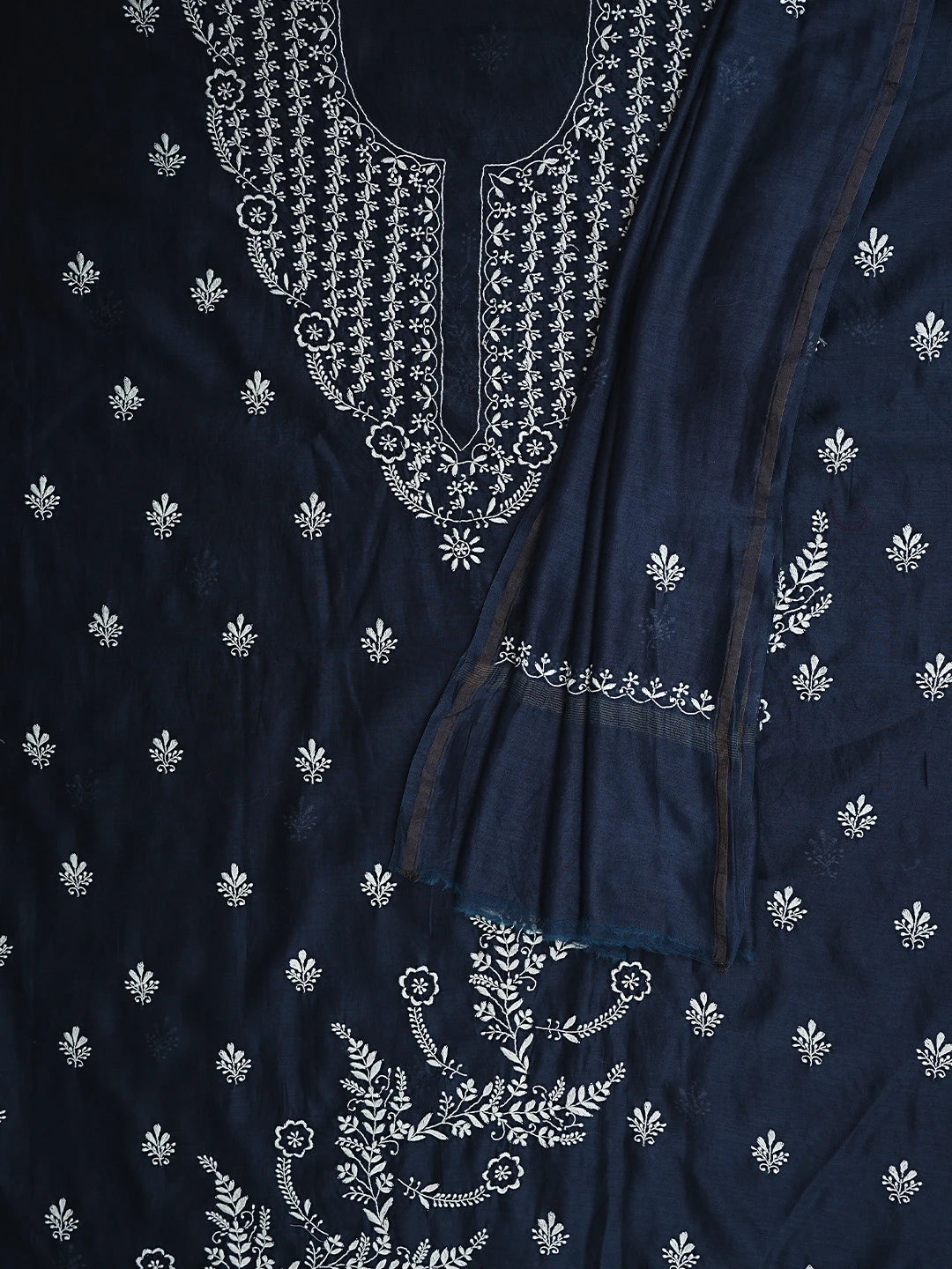 Ada Hand Embroidered Navy Blue Chanderi Lucknowi Chikankari Unstitched Kurta Dupatta Set 01A918291